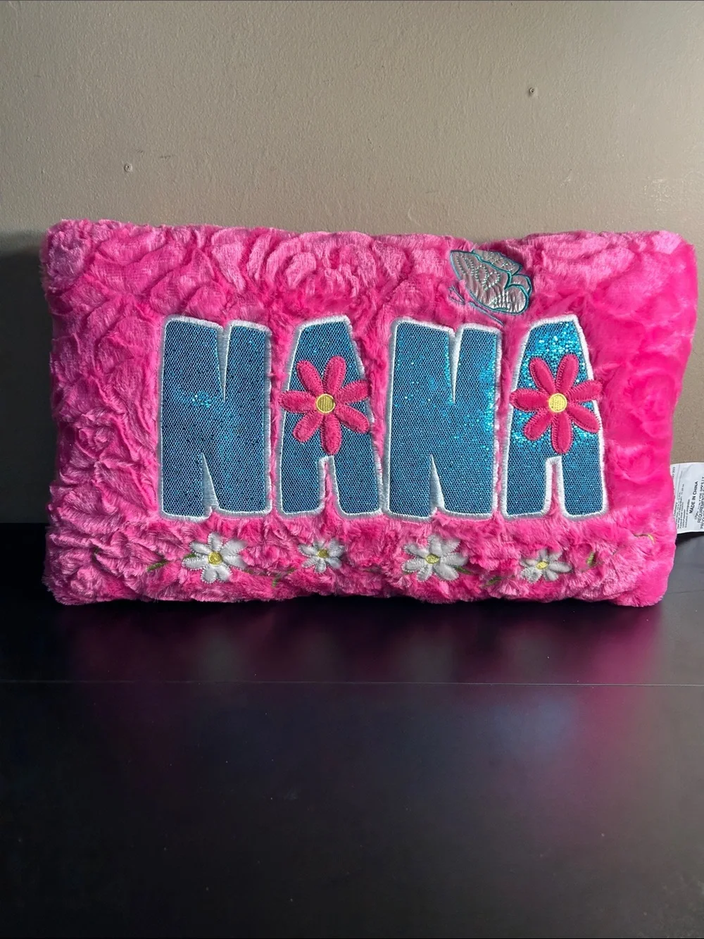 Pink Plush 'NANA' Pillow with Blue Glitter Letters